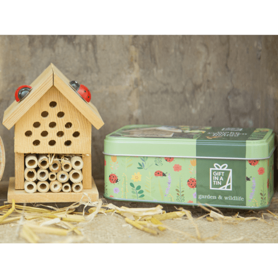 The wooden insect house sits next to the green gift tin in a garden setting.
