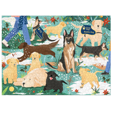 An image of the completed Playtime in the Park jigsaw, which features dogs and puppies from the Guide Dogs family having fun in an imagined snowy park scene.