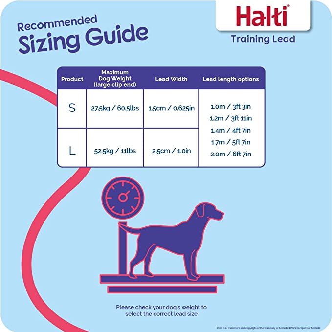 Halti Sizing Guide: An illustration of a dog stood on a scale with text reading "Please check your dogs weight to select the correct lead size". Above the illustration is a table with recommended weights for each size of lead.