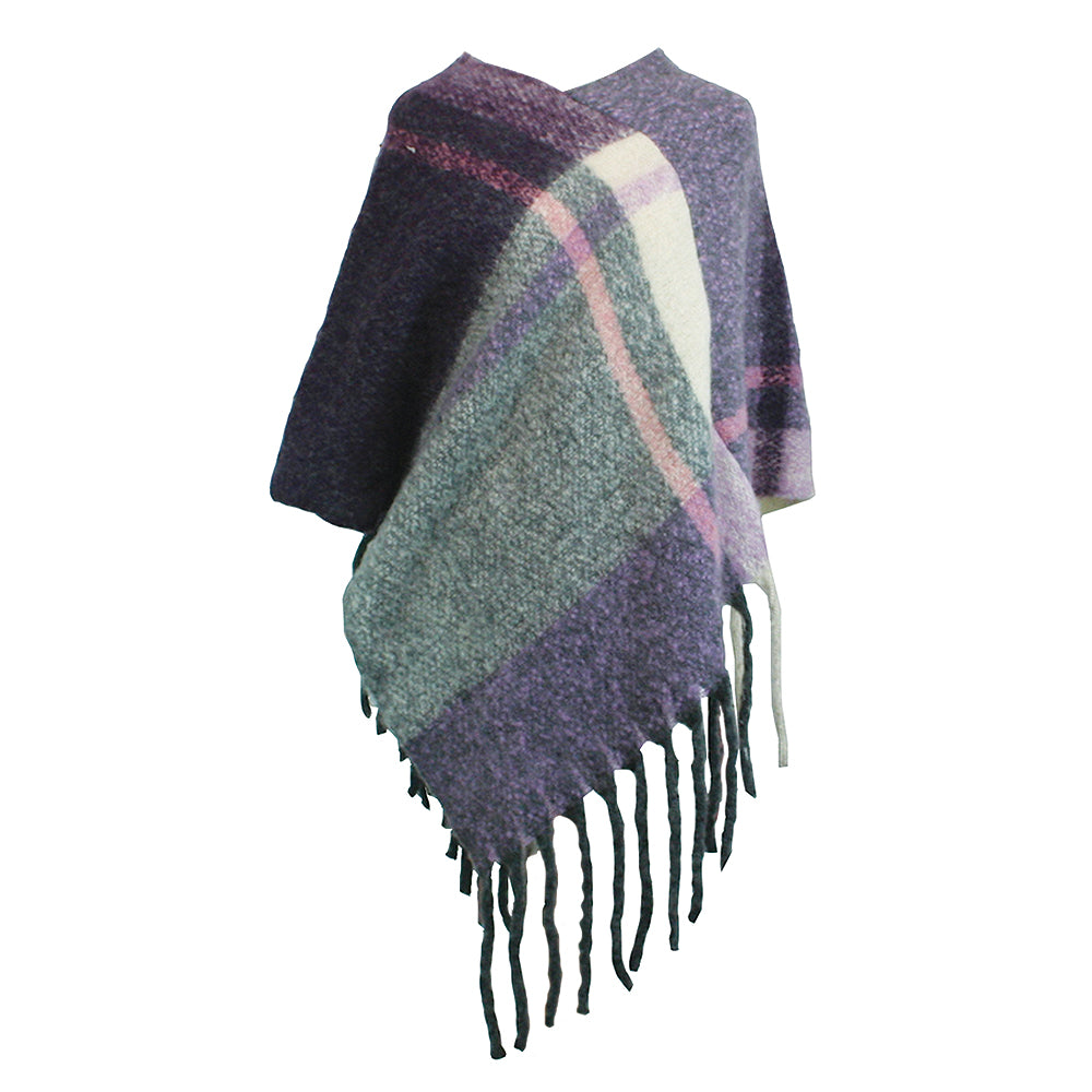 A checked poncho with shades of light green and purple made from a wool-feel material.