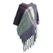 A checked poncho with shades of light green and purple made from a wool-feel material.