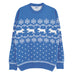 A bright blue jumper with white woven pattern featuring leaping puppies and snowflakes.