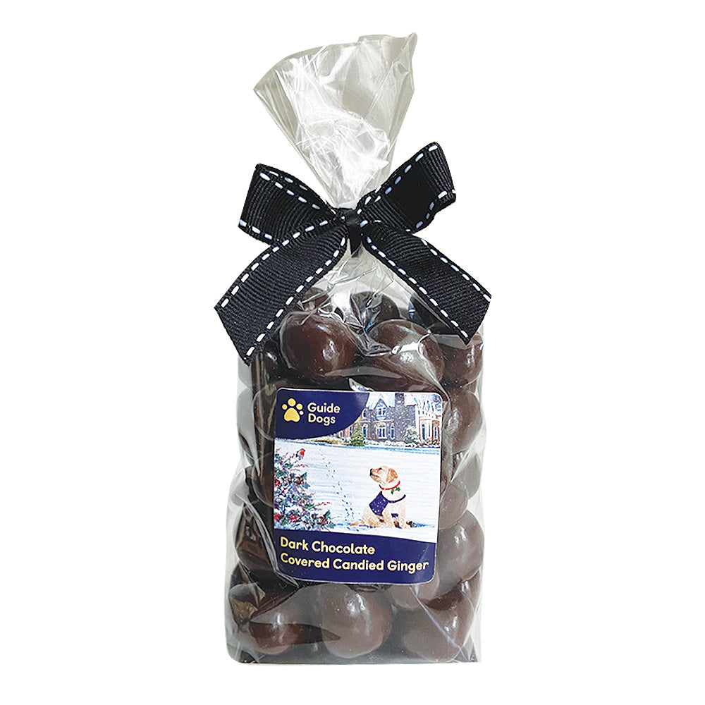 A gift bag of dark chocolate pieces labelled with the Guide Dogs logo and an illustration of a Guide Dog puppy in the snow.