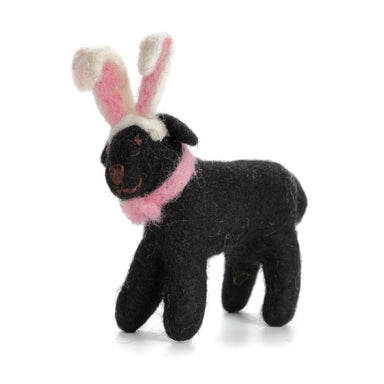 A black wool felt Labrador decoration with pink and white ears, and a pink collar