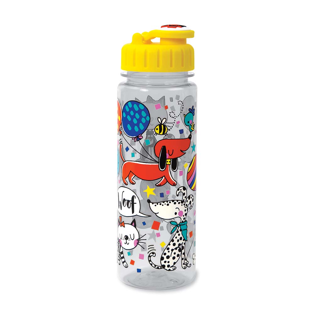 A plastic drinking bottle with bright yellow flip-top lid and children's design of dogs and cats on main bottle