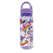 A plastic water bottle with purple carry-handle lid and design of unicorns and rainbows on main bottle