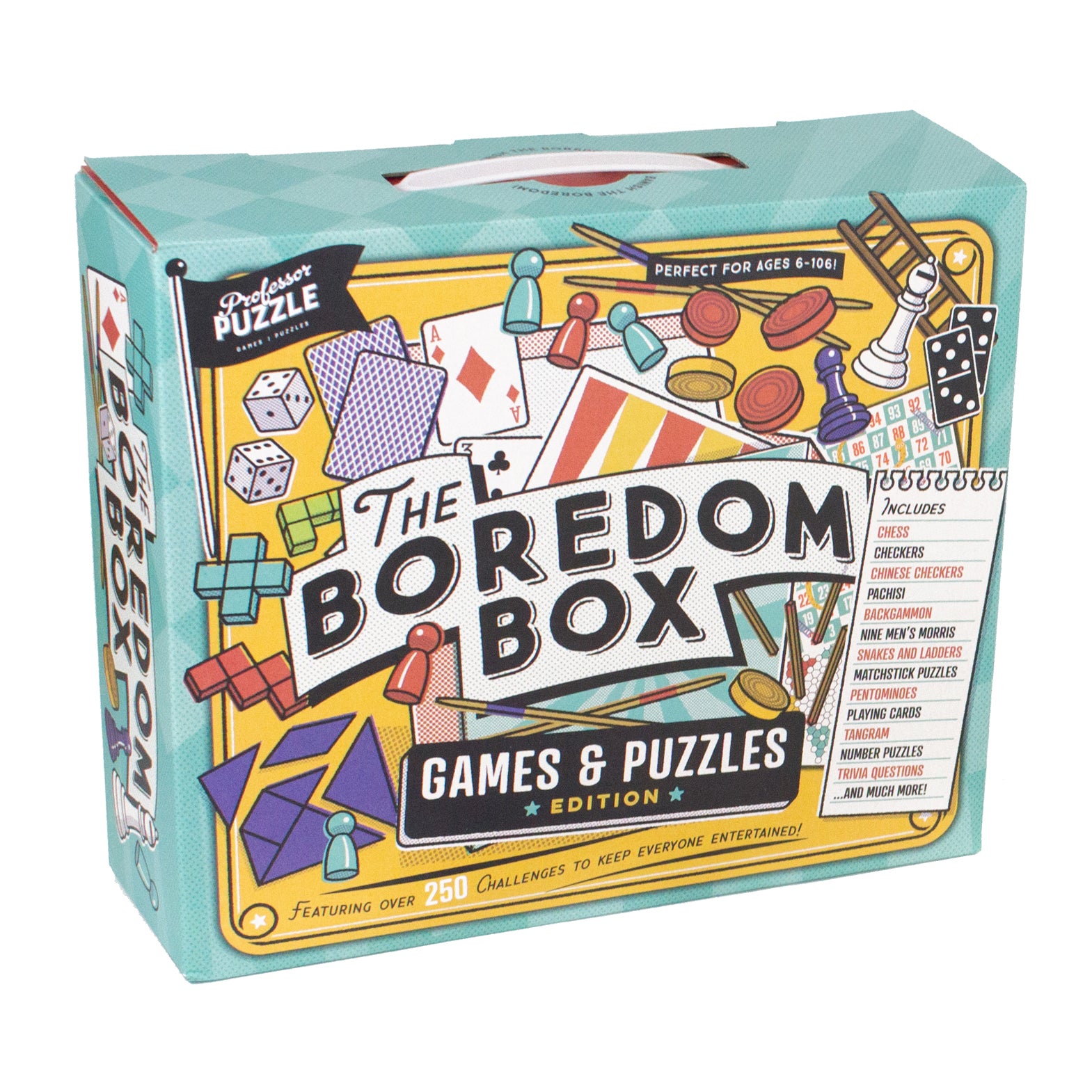 A box with handle containing a selection of games and puzzles