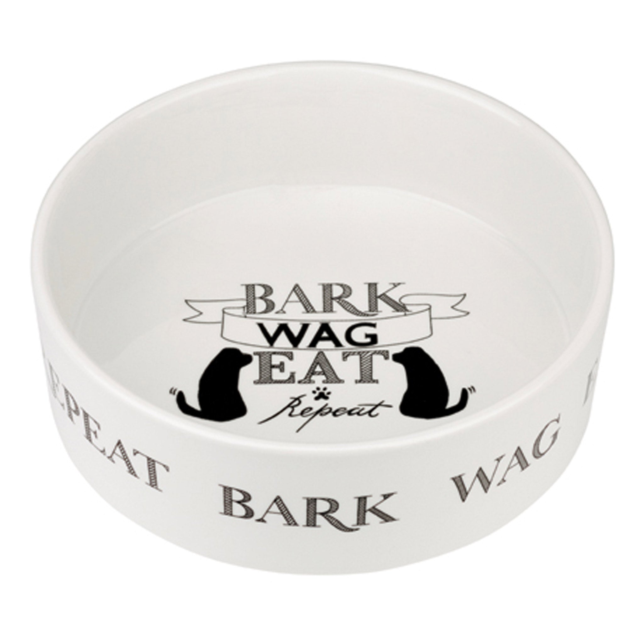 A white ceramic bowl with the words Bark Wag Eat Repeat around the outside. In the centre of the bowl, the phrase is repeated alongside dog illustrations.
