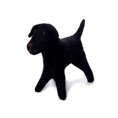 A close up of a Black Labrador felt toy.