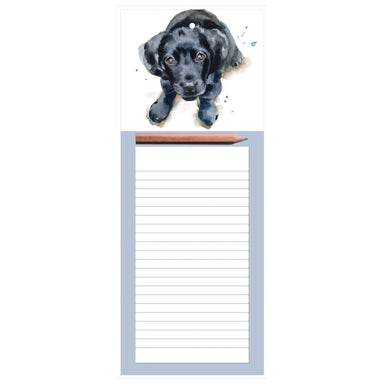 An image of the Black Labrador Magnetic Memo Writing Pad, with an image of a painted Black Labrador puppy at the top.