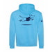 Image shows the back of a blue hoodie, there is leaping Labrador design printed on the front in dark blue and the Guide Dogs logo is printed on the right sleeve.