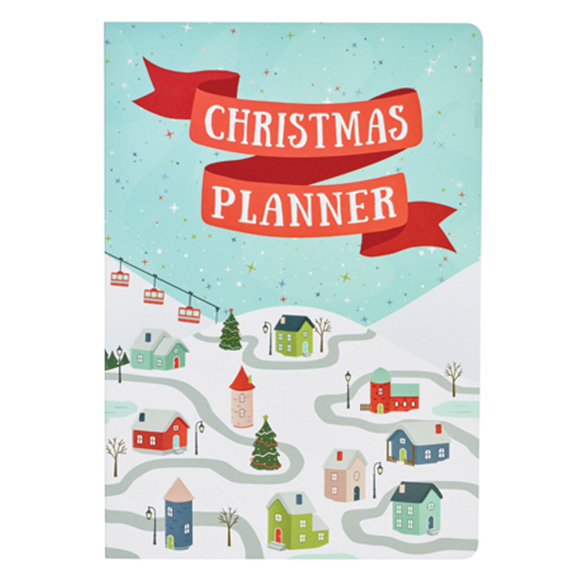 A Christmas Planner with a simple snowy portrait focused landscape with homes covered in snow. The words Christmas Planner is displayed in a ribbon illustration at the top centre.