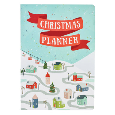 A Christmas Planner with a simple snowy portrait focused landscape with homes covered in snow. The words Christmas Planner is displayed in a ribbon illustration at the top centre.