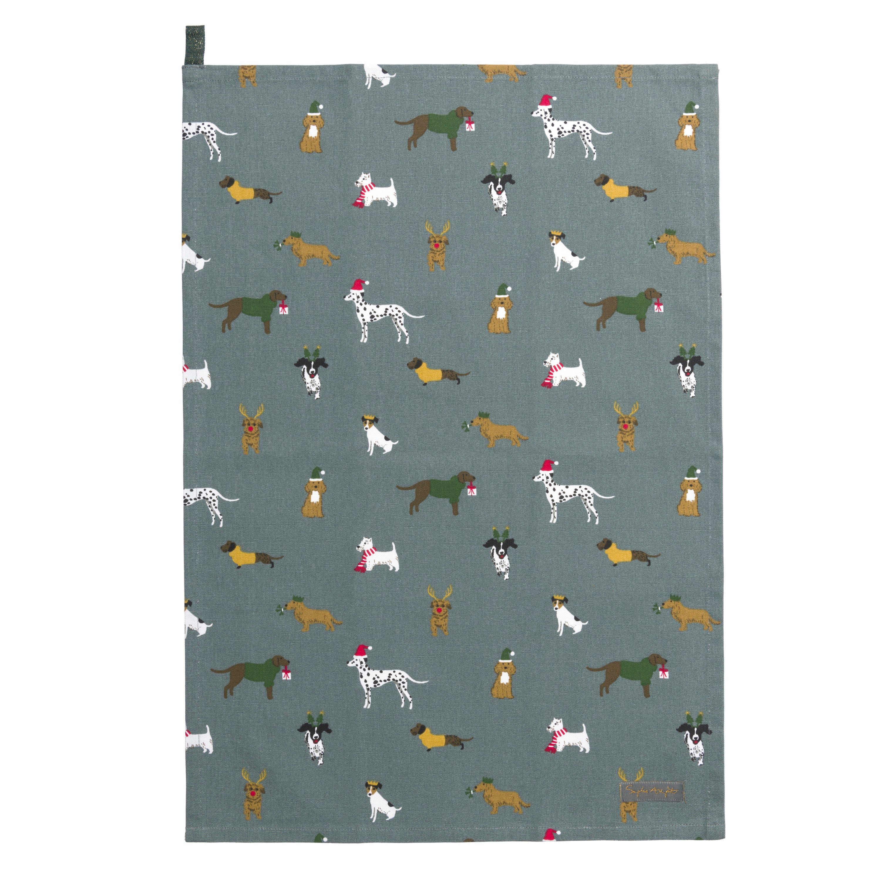 A tea towel with an overall pattern of dogs wearing Christmas hats and scarves, on a teal background