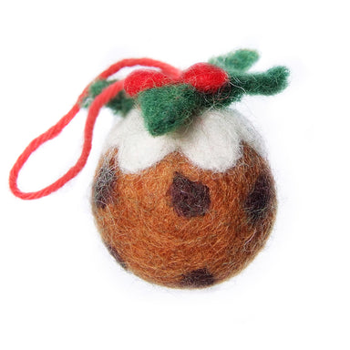 A felt Christmas pudding decoration with red hanging loop.