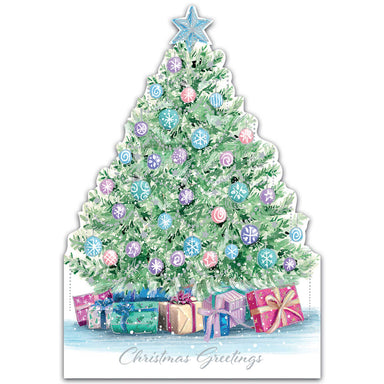 The design on this Christmas card is an illustration of a decorated Christmas tree and presents. text on the card reads "Christmas Greetings"