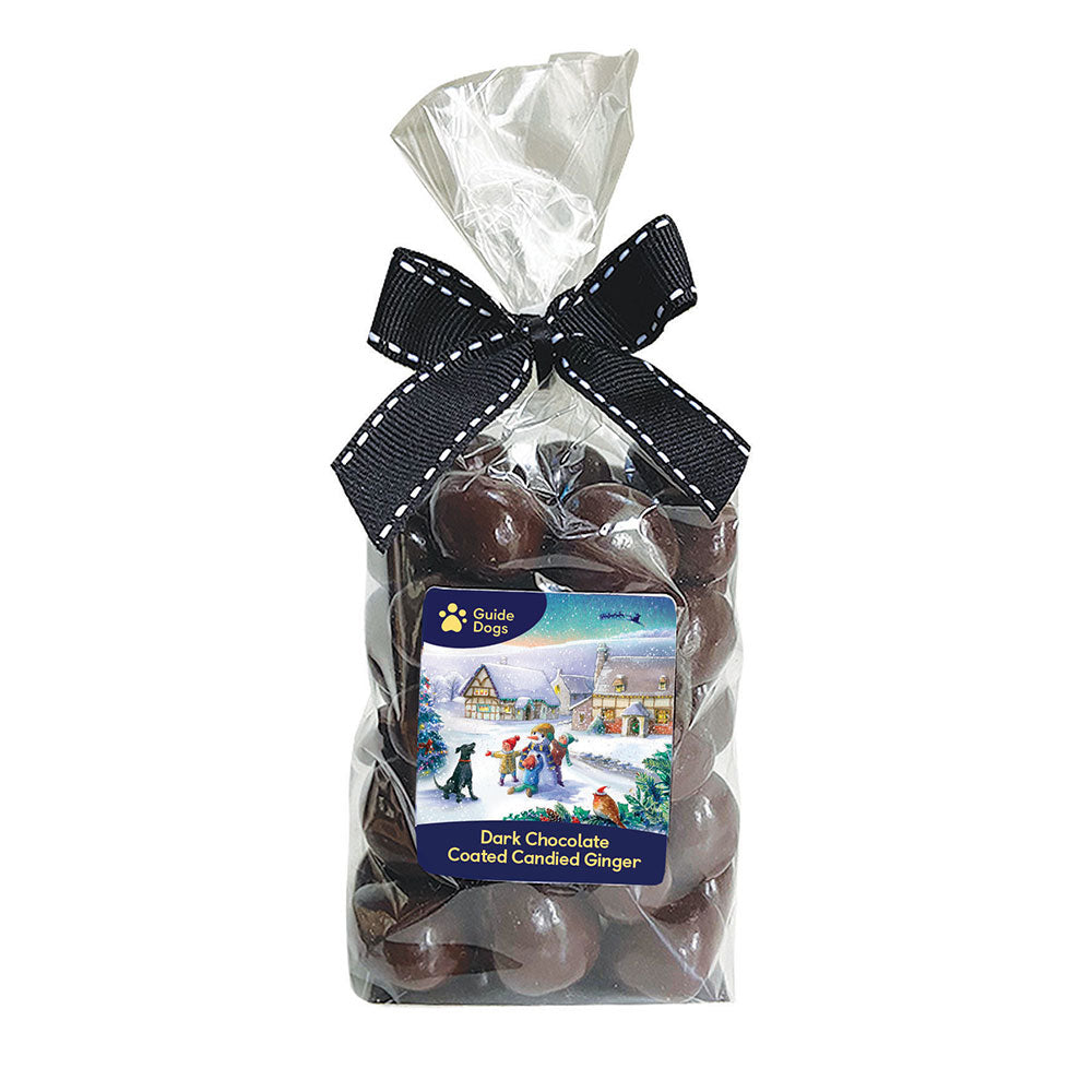 A bag of Dark Chocolate Candied Ginger is tied with a black ribbon.