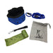 A blue folding water bowl, blue dog lead, black clip, roll of green poop bags and cotton treat bag with dog illustration.