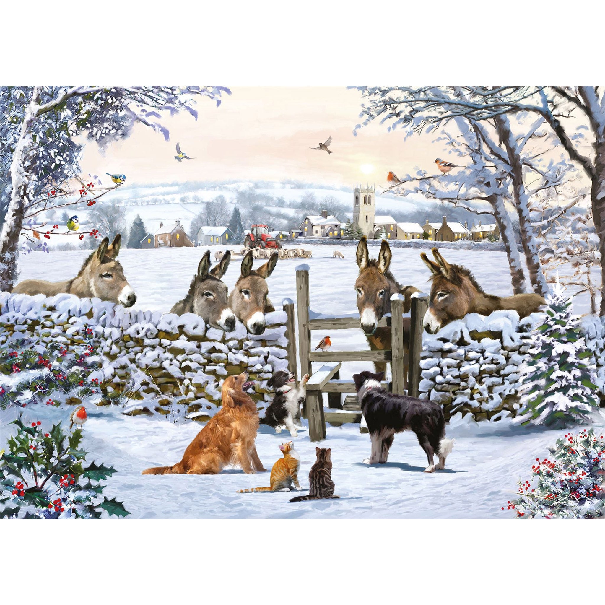 An image of the design on the jigsaw showing a snowy scene with three dogs and two cats in a field, and five donkeys are looking over a wall at them. A robin is sitting on a snow coated stile.