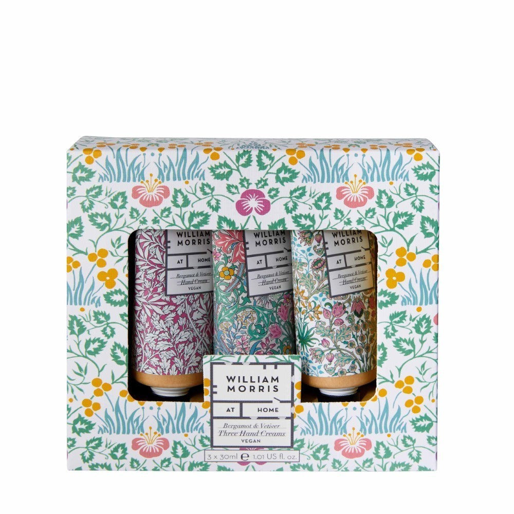 A William Morris floral box with window showing 3 hand creams inside
