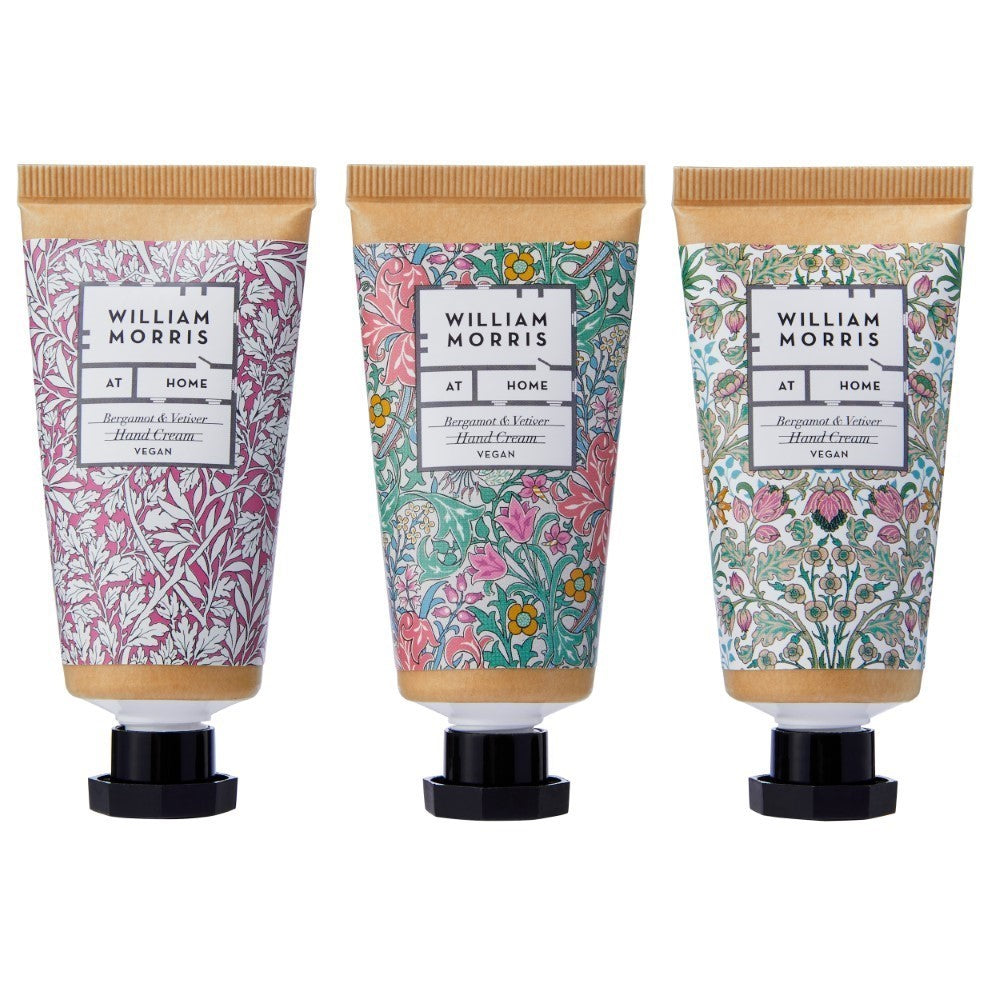 3 tubes of William Morris hand creams, each a different floral design