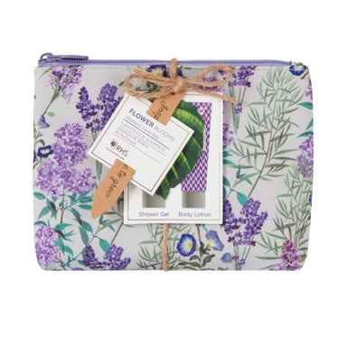 A floral cosmetic pouch with gift tag packaging attached with twine