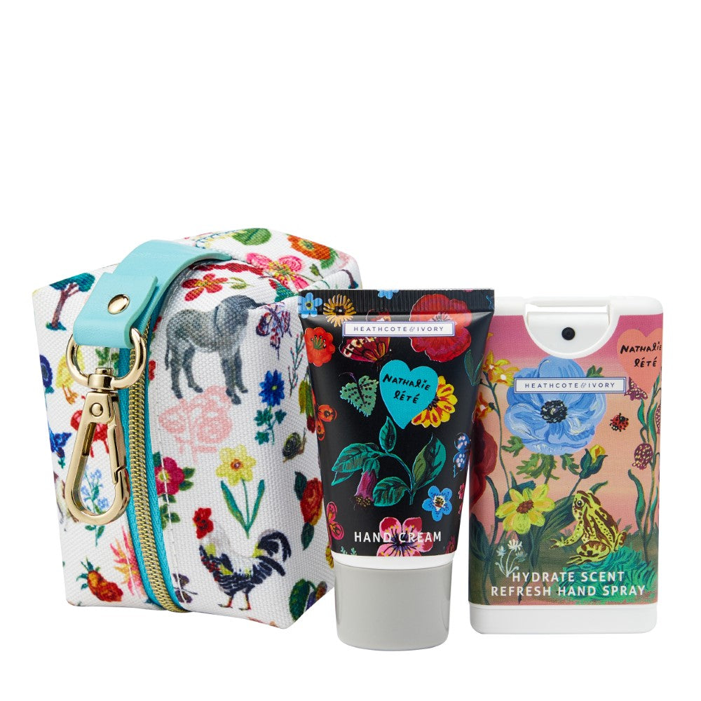 Mini treats bag with clip on, floral hand cream and floral hand spray