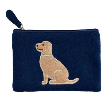 A close up of a blue felt purse decorated with a Yellow Labrador design. The purse also has a blue zipper.