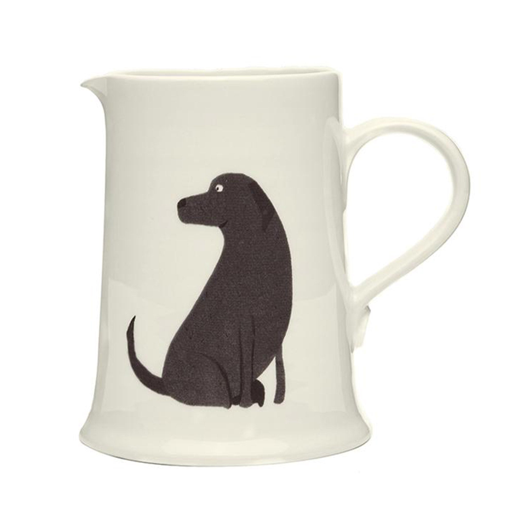 A close up of a white ceramic jug with an illustration of a Labrador on the outside.