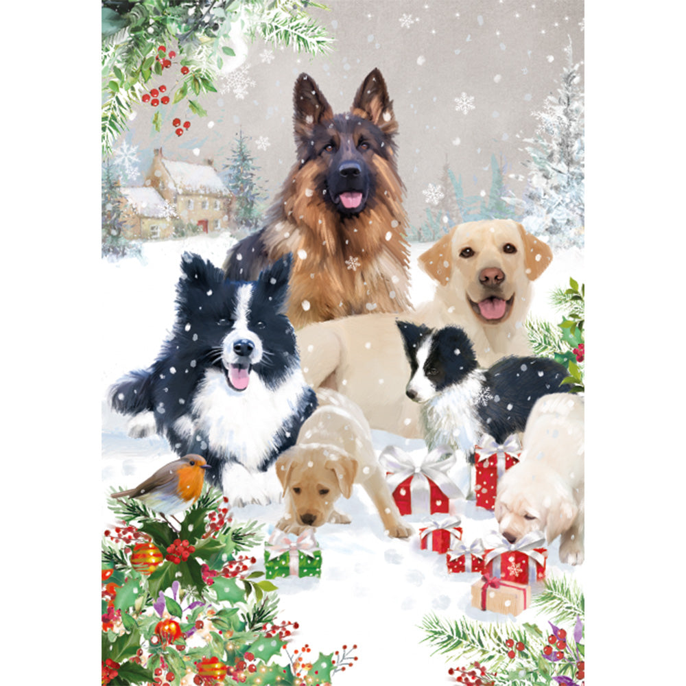 The design is an illustration of dogs in the in the snow playing with presents.