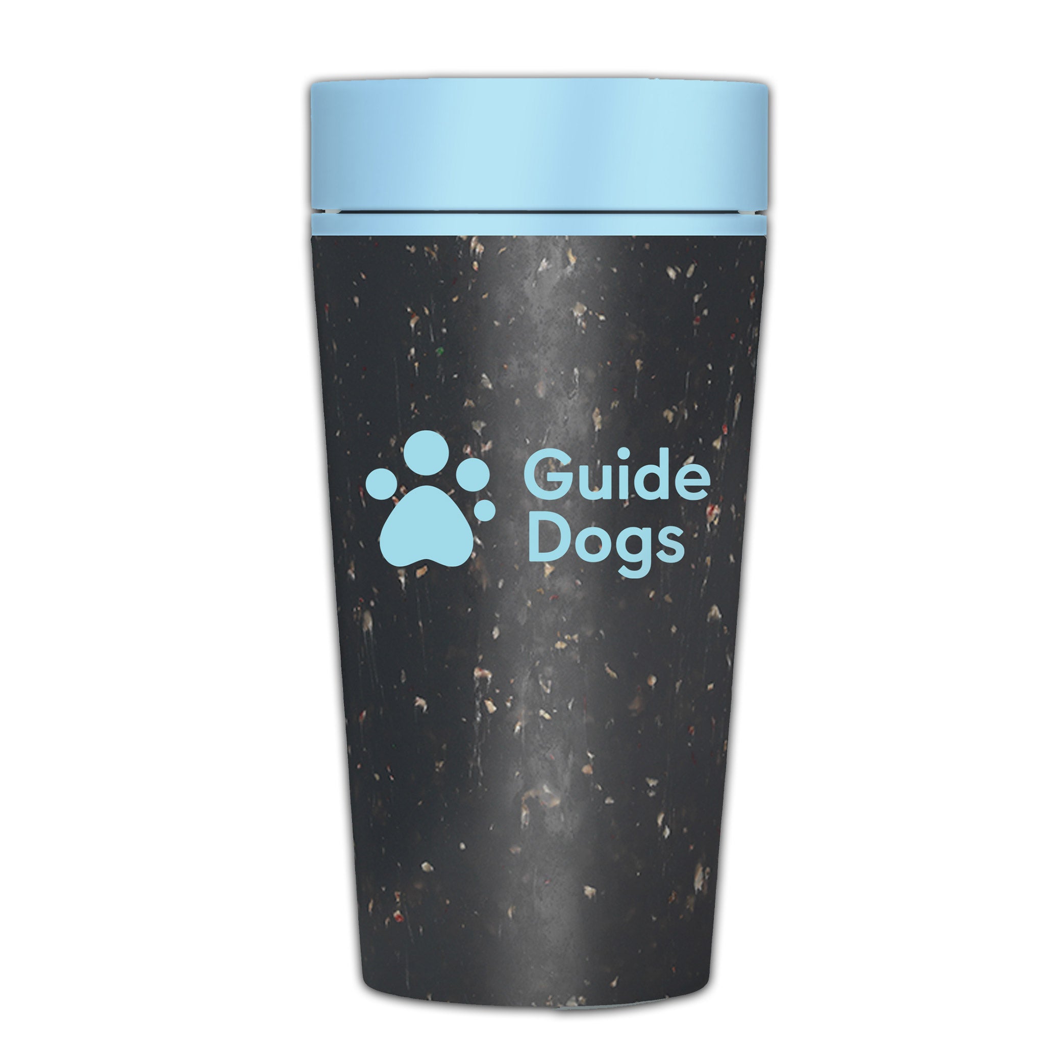 A close up of a reusale coffee cup, with black sides and a light blue top. The Guide Dogs logo is also printed on the side in light blue.