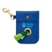 Image shows a close up photograph of a blue leather poo bag dispense, It has a brass clip to attach to a lead or bag, and the Guide Dogs logo printed n the front in pale blue. 
