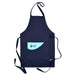 A dark blue apron with a pocket. On the pocket is a light blue curved shape with the Guide Dogs logo in dark blue.