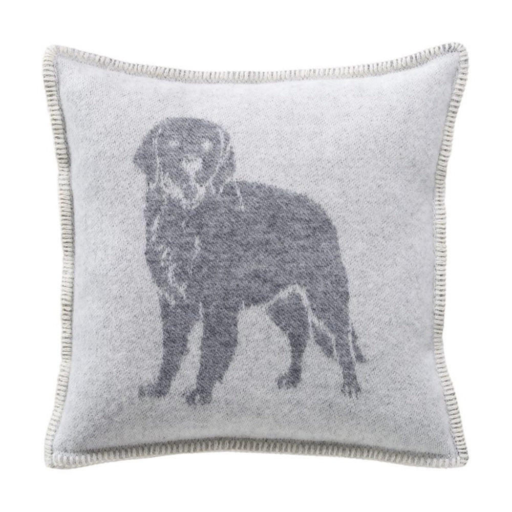 A cream wool cushion with grey Labrador in standing pose