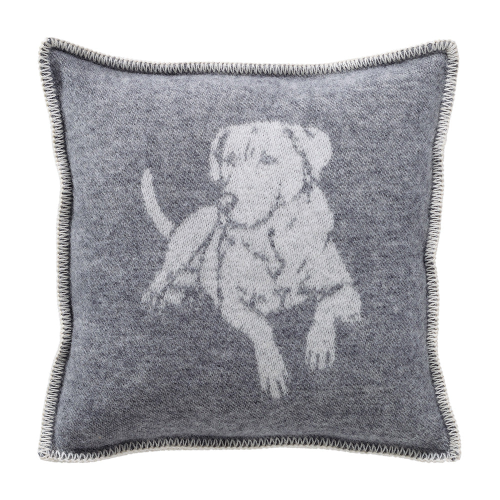 Reverse of the cushion showing grey panel with cream Labrador in lying down pose