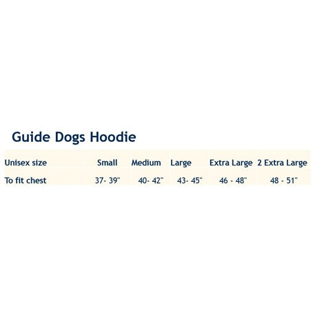 Size guide for hoodies.