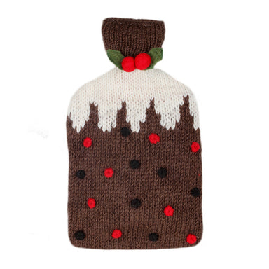 A knitted hot water bottle in a Christmas pudding design with decorative detail of felt holly and berries.