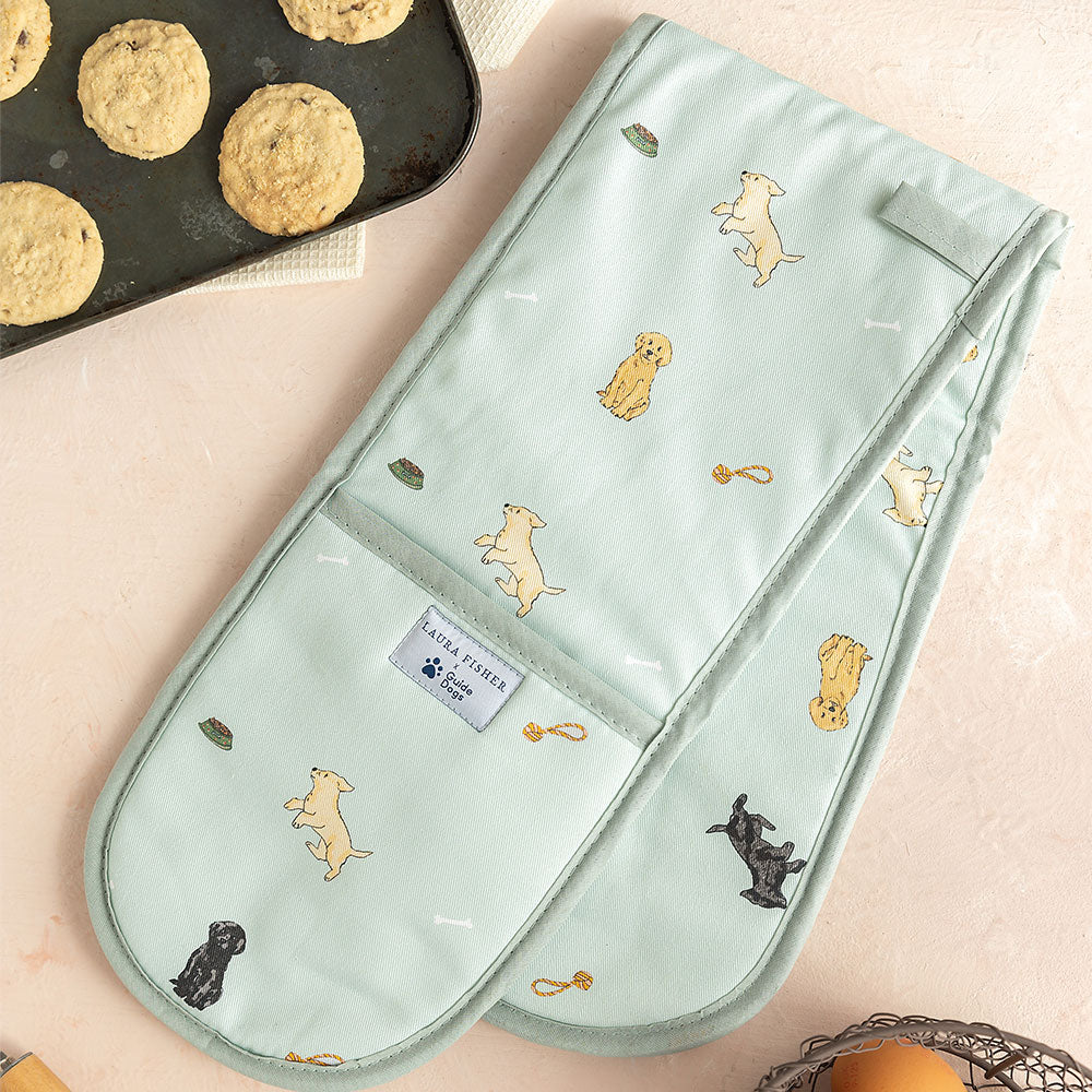 laura fisher double oven gloves with puppy design next to scones and eggs