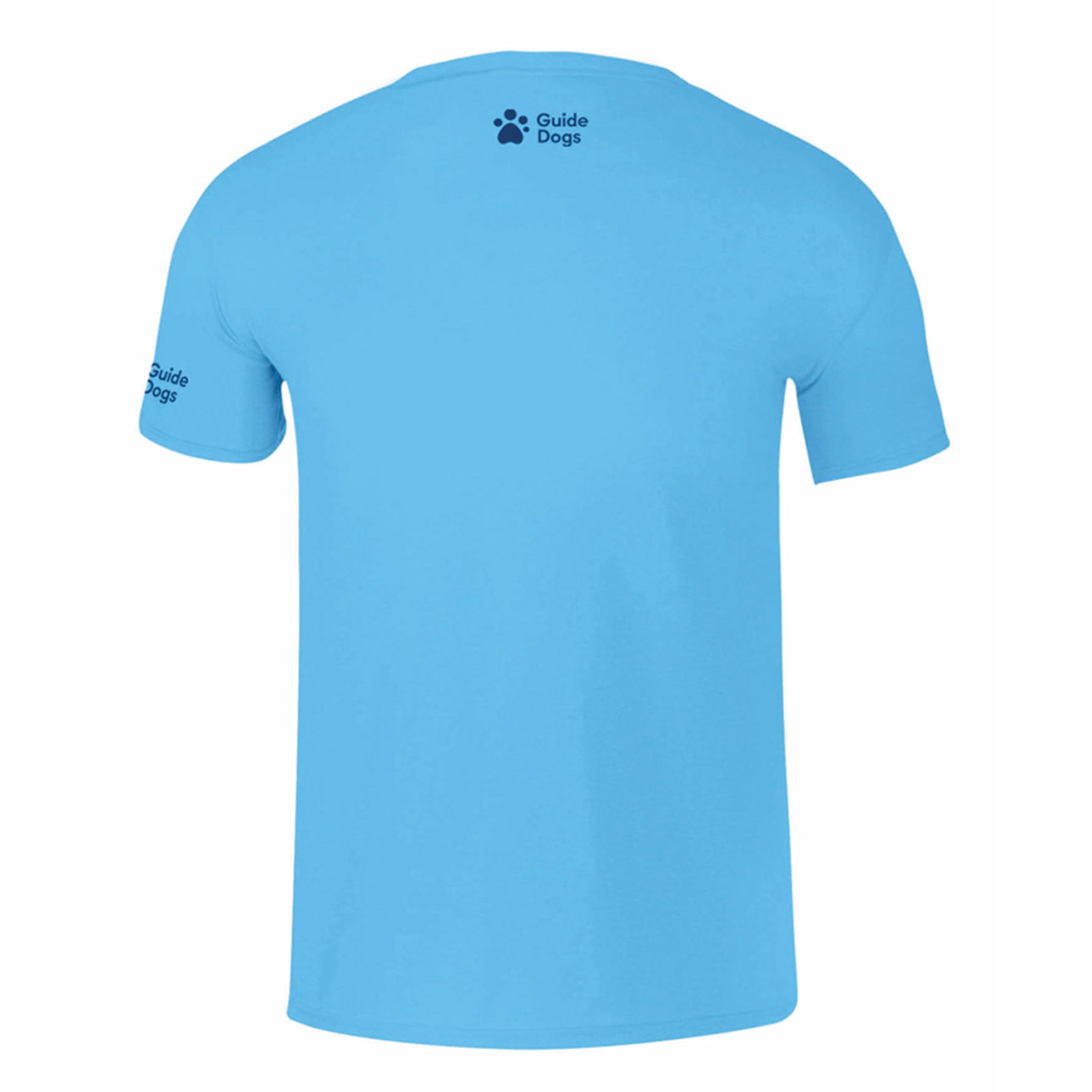 A close up of the back of a blue men's t-shirt, the Guide Dogs logo is printed on the left sleeve and back of the collar.