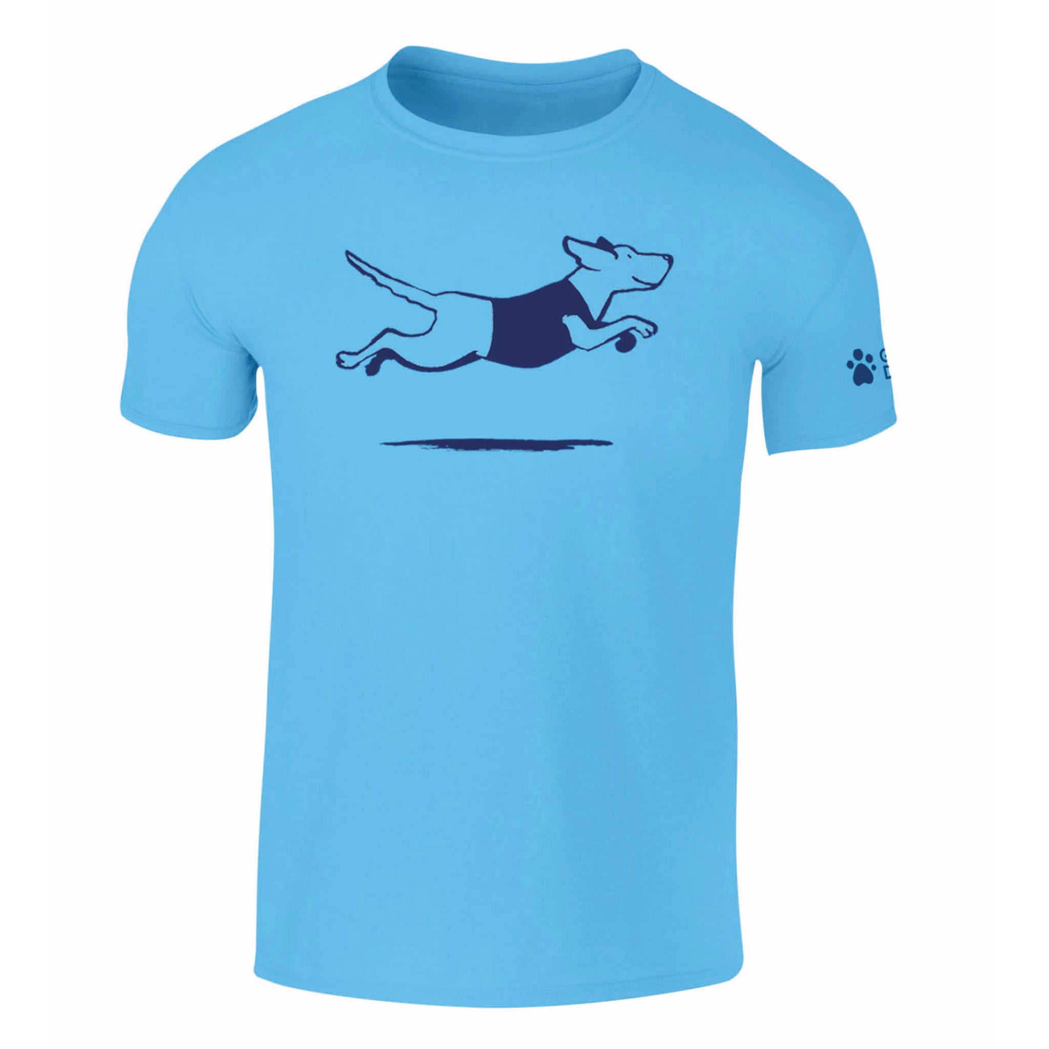 A close up of the front of a blue men's t-shirt, there is leaping Labrador design printed on the front in dark blue and the Guide Dogs logo is printed on the left sleeve.