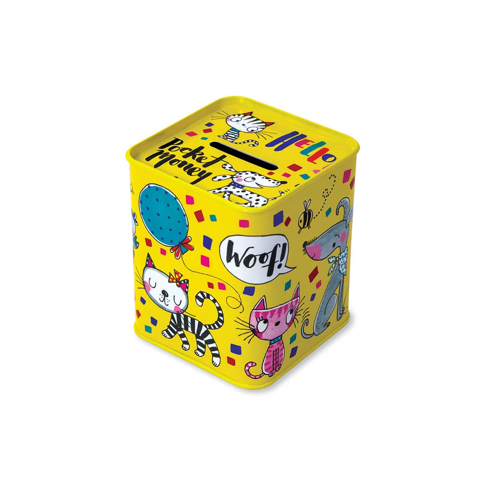 Yellow tin with money slot in the lid, featuring dogs and cats children's design