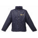 A close up of the men's Regatta Hudson blue jacket with the Guide Dogs logo in Yellow on the left hand side.