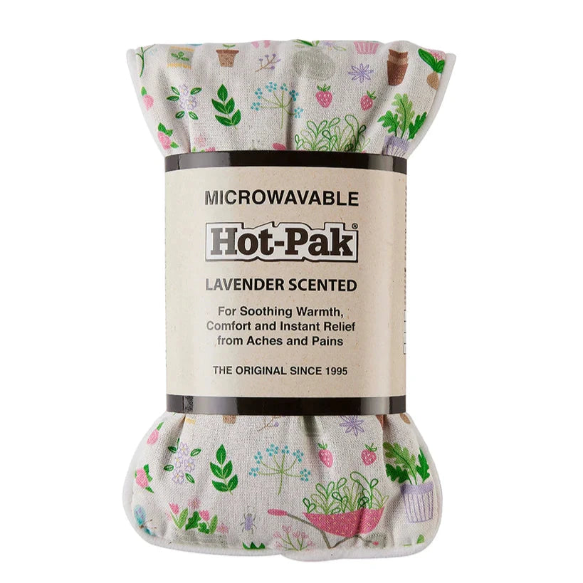 Garden heat pack with floral design shown rolled up with paper wrap label