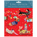 The mini advent calendar card decorated with festive dogs wearing jumpers and antlers, carrying presents. There is a dog running by, trailing a string of Christmas lights. The background is red with snowflakes. 