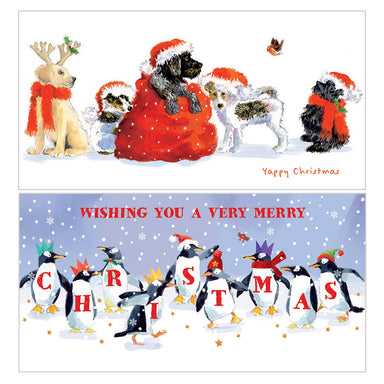 Two money wallets, one with with five illustrated dogs with Christmas hats and a sack of presents, and one with nine illustrated penguins and the words 'Wishing you a very Merry Christmas'.