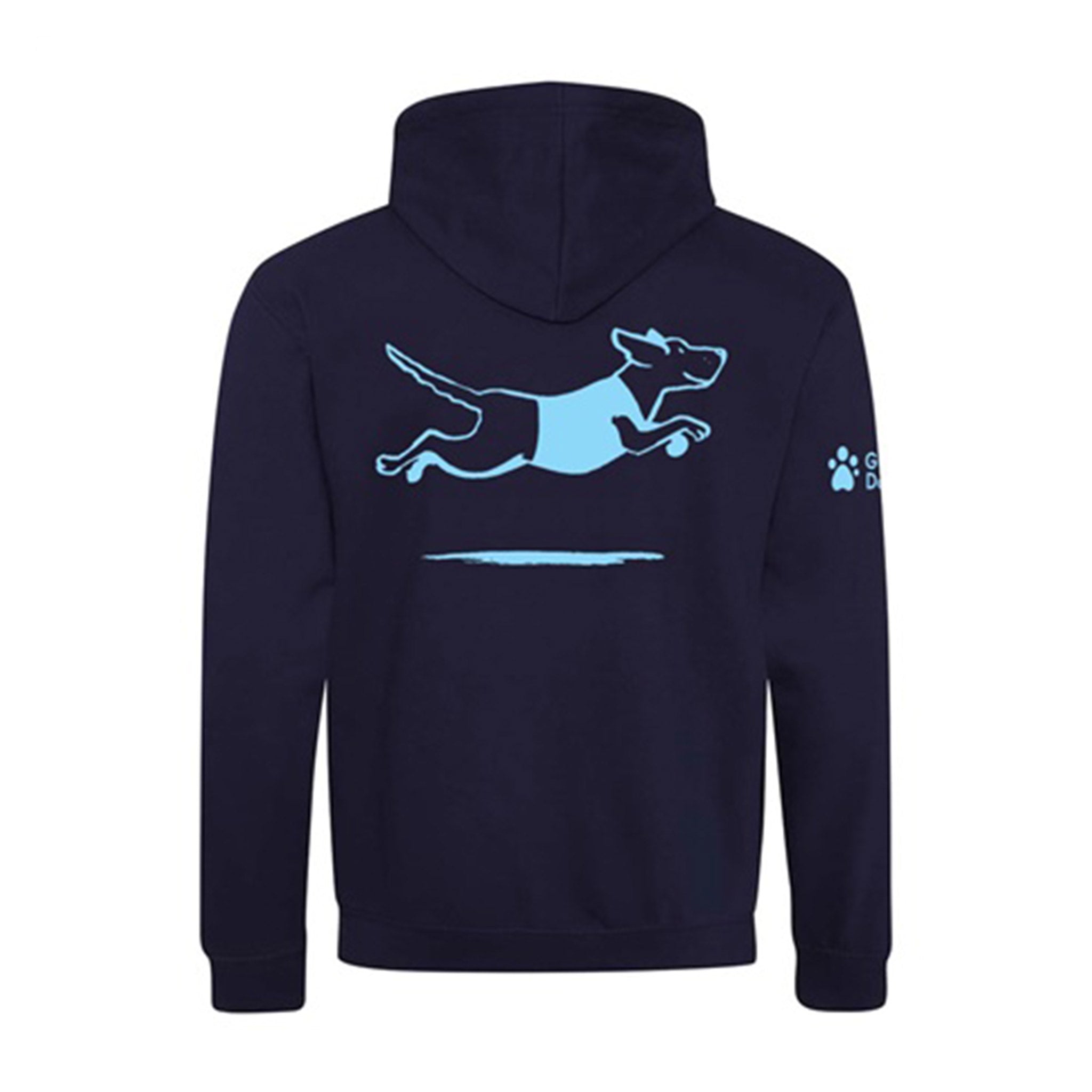 Image shows the back of a navy blue hoodie, there is leaping Labrador design printed on the front in light blue and the Guide Dogs logo is printed on the right sleeve.