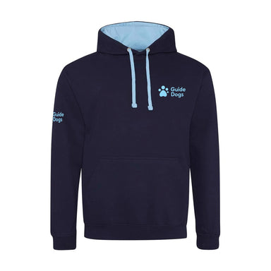 Image shows the front of a navy blue hoodie, the lining of the hoot and drawstring at the neck are in contrasting pale blue and the Guide God logo is printed on the left breast and right sleeve. 