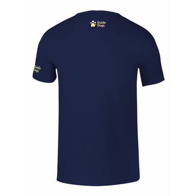 Image shows the back of a navy blue men's t-shirt, the Guide Dogs logo is printed on the left sleeve and back of the collar.