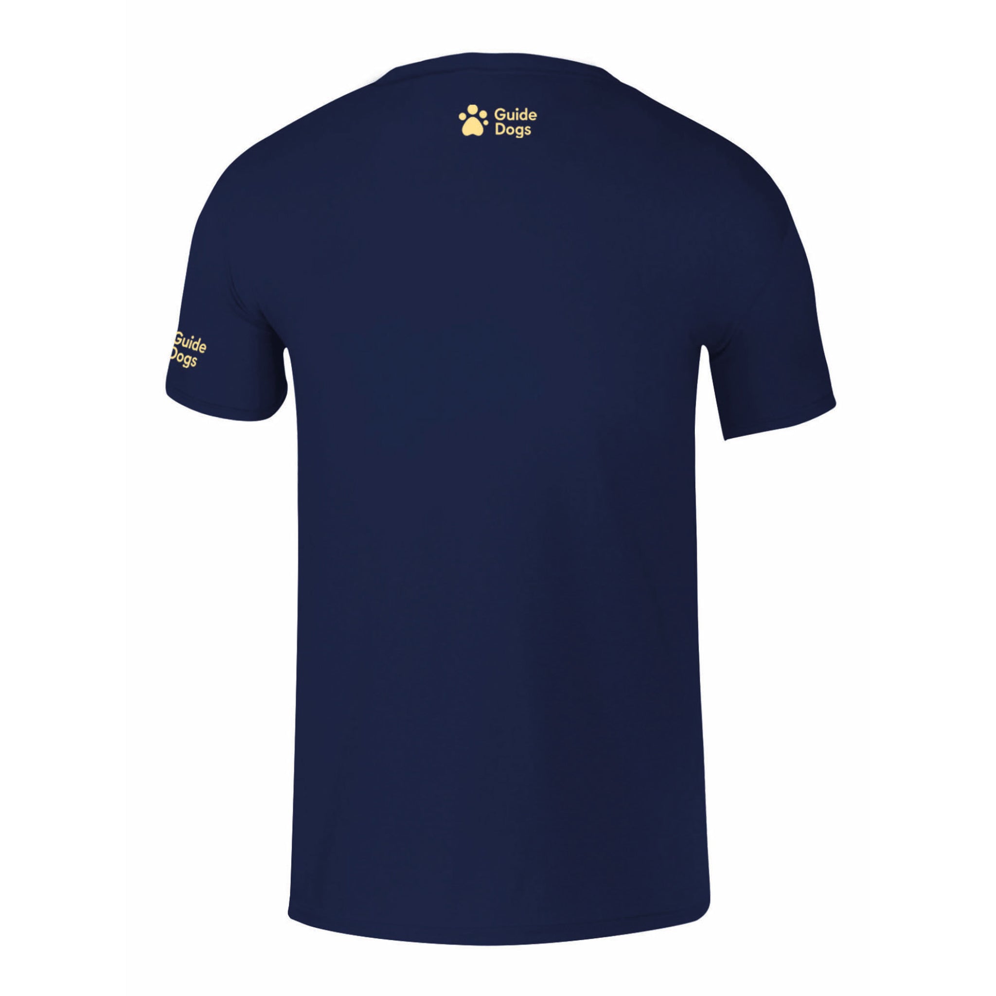A close up of the back of a navy blue women's t-shirt, the Guide Dogs logo is printed on the left sleeve and back of the collar.