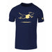 Image shows the front of a navy blue men's t-shirt, there is leaping labrador design printed on the front in yellow and the Guide Dogs logo is printed on the left sleeve.